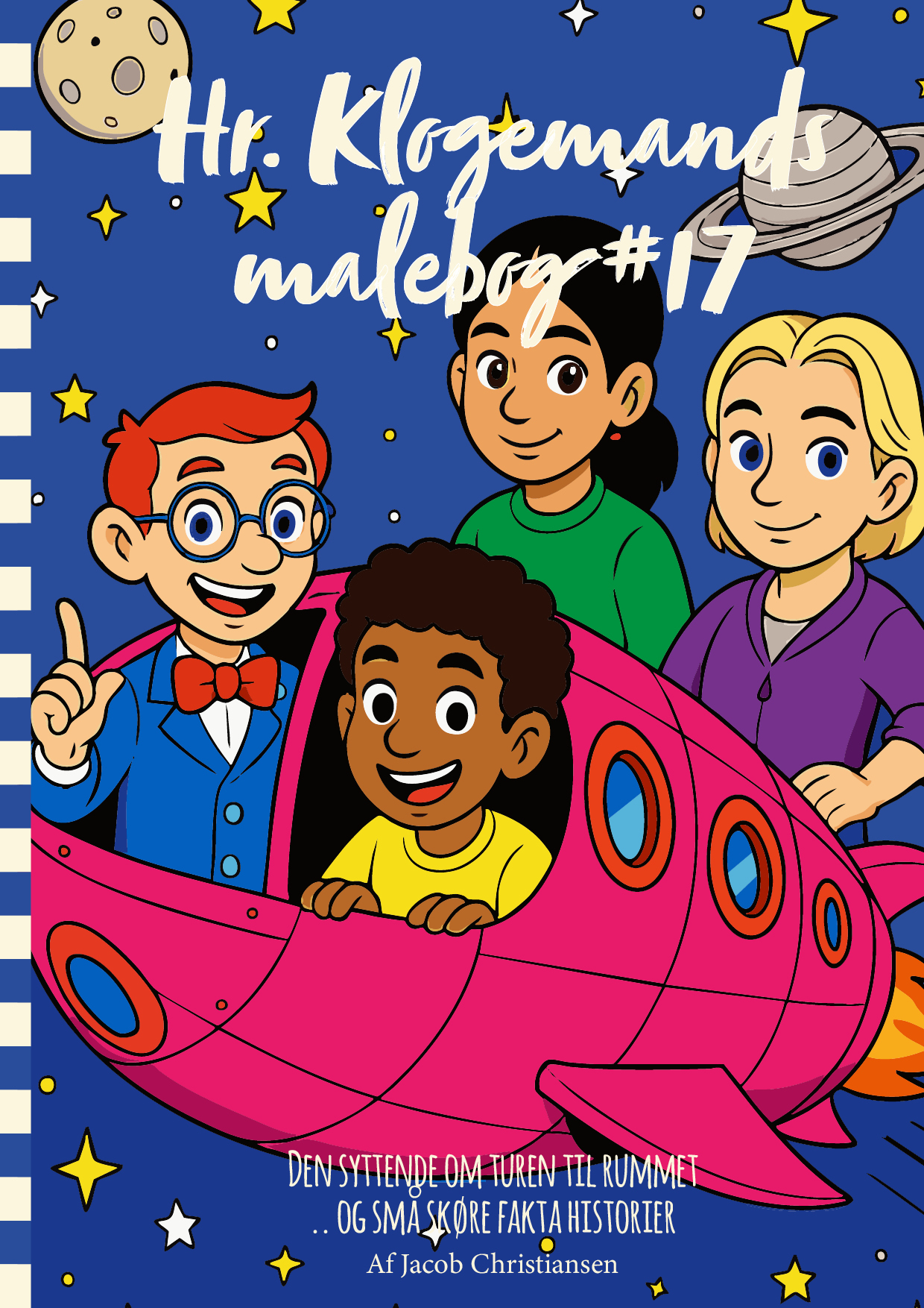 Er du på udkig efter en sjov og lærerig malebog til dit barn? Hr. Klogemands Malebog om rummet er den perfekte løsning! Denne unikke malebog kombinerer kreativ farvelægning med spændende små fakta fantasier om vennerne Hr. Klogemand, Karla, Anna og Kvik der tager en tur ud i rummet. Hr. Klogemand, hans tvillingesøster Karla, den nysgerrige dreng Kvik og den kreative pige Anna er som de fleste børn. De har en fælles passion for at stille spørgsmål, opdage nye ting og rejse derhen, hvor fantasien – og videnskaben – fører dem. De bor i en lille by på Jorden, men deres drømme rækker langt ud i universet. En dag, efter at have læst om stjerner og planeter i deres yndlingsbog i skolen, får de en idé: Hvad hvis de selv kunne rejse ud i rummet og finde svar på de største mysterier, børn kan have om universet? Med hjælp fra Hr. Klogemands hjemmebyggede rumskib "Stjerneskuddet" gør de drømmen til virkelighed. Rumskibet er udstyret med alt, de kunne få brug for – computere, teleskoper, prøverum, tegnegrej og en kagedåse med Annas hjemmebagte stjernesmåkager. De planlægger at rejse til ti forskellige steder og fænomener i universet, som alle børn mellem 6 og 10 år bør kende til. Ikke bare for at lære – men for at opleve det på egen krop. På deres rejse i tid og sted skal de overvære universets begyndelse, flyve forbi Solen, danse med planeterne, lande på Månen, svæve gennem galakser, nærme sig sorte huller, undvige asteroider, beundre kometer, besøge en rumstation – og til sidst spekulere på, om der mon findes liv et andet sted end Jorden. Disse ti historier er en blanding af eventyr og fakta, og gennem børnenes øjne bliver universet både forståeligt og fantastisk. De fire venner lærer ikke bare om rummet – de opdager også hvor vigtigt venskab, mod og nysgerrighed er, når man vil forstå det store mysterium, vi alle er en del af: universet. Tag dine farveblyanter frem, og gør dig klar til at udforske mere om rummet.🌟