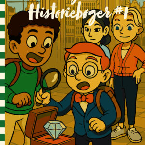 Regnen silede ned over brostenene i Antwerpen, da Hr. Klogemand, Kvik, Karla og Anna fulgte deres første spor – en gåde gemt under Brabo-statuen. Jagten førte dem gennem byens gamle gader, hvor de talte vinduessprosser, løste koder og fandt skjulte nøgler. Ved fiskeboderne lærte de om en diamant kaldet “Klar Tal”, men de opdagede hurtigt, at mænd i sorte frakker fulgte efter dem. For at nå frem før skurkene måtte de bruge matematik, logik og samarbejde. Til sidst stod de foran en statue med et skjult nøglehul. Bag soklen funklede diamanten – men sejren kom først, da politiet fik fat i gangsterne, takket være børnenes hurtige hoveder. Antwerpen blev til et eventyr, hvor regn, gåder og venskab viste sig stærkere end nogen skurk.